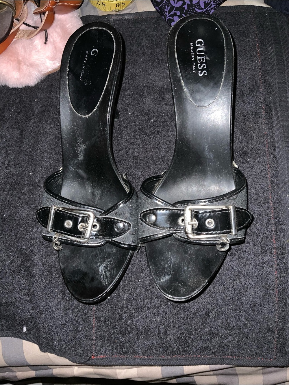 GUESS Black Open-Toe Slide Heels with Silver Buckles